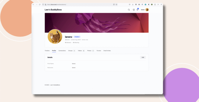 A computer screen displays a user profile page on a social platform called Lavis BuddyBoss The profile features the username laranz a circular animal avatar and a purple abstract banner Tabs and profile details are visible