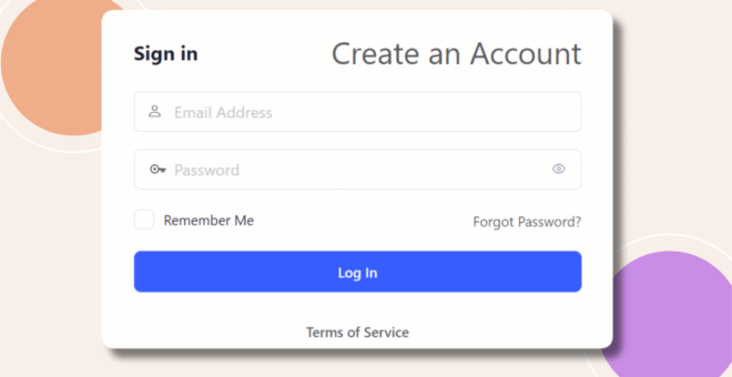 A login and account creation form with fields for email address and password options for Remember Me and Forgot Password a blue Log In button and a Terms of Service link at the bottom