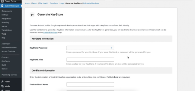 Web UI screenshot showing a Generate KeyStore page with fields for KeyStore Password KeyStore Alias and Certificate Information on a left navigation panel