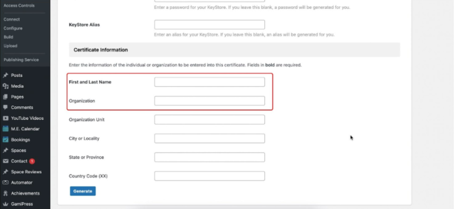 WordPress admin Certificate Information form with First and Last Name and Organization fields highlighted in a red box left navigation visible
