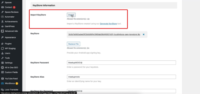 KeyStore Information panel with an highlighted Import KeyStore section and status fields for KeyStore password and alias in a WordPress admin page