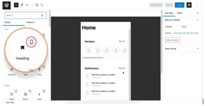 WordPress editor screenshot with a mobile preview of the Home page showing Members and Notifications a mobile device icon is circled in the left panel