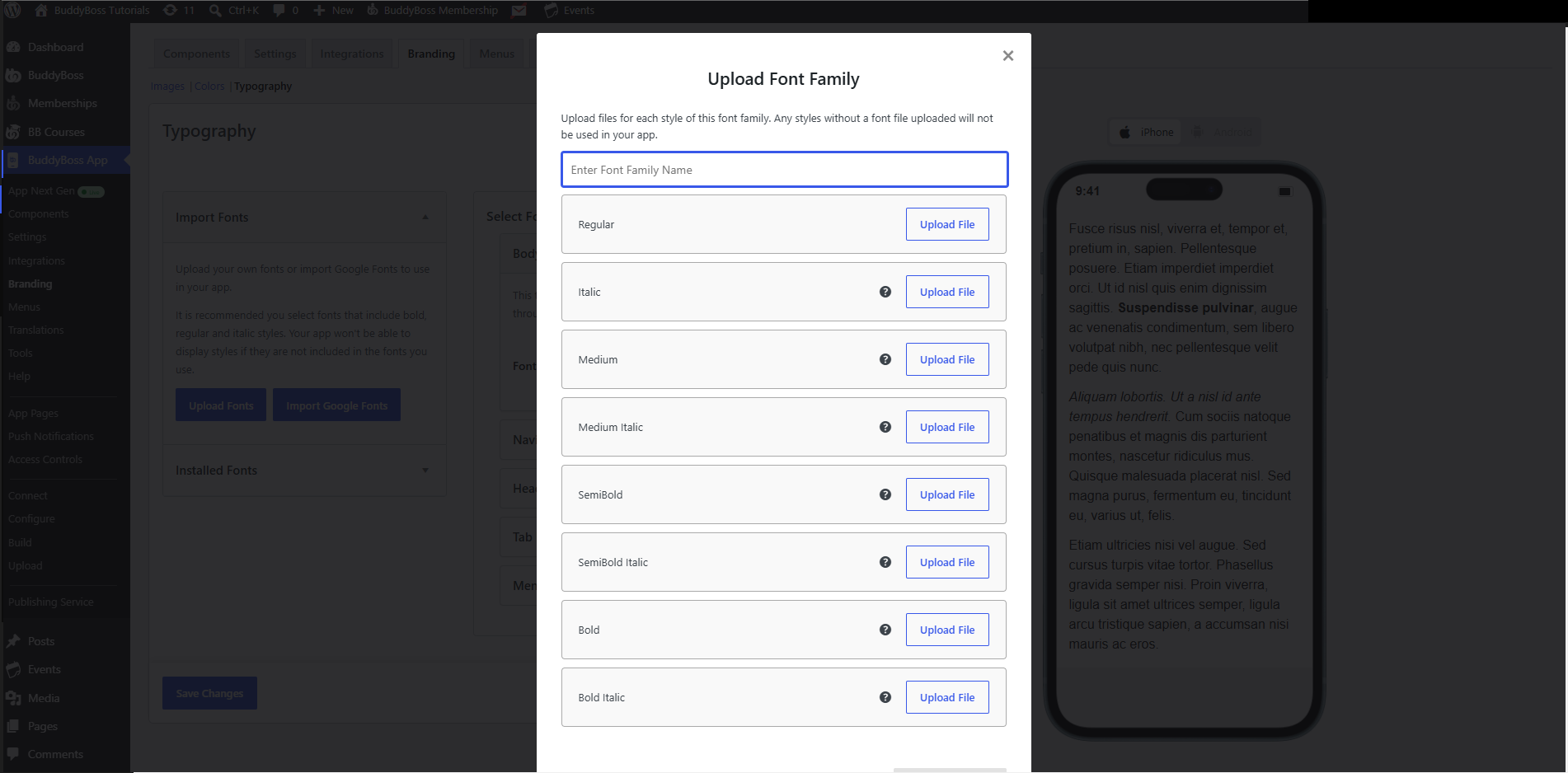 Modal Upload Font Family with a name field and Upload File buttons for Regular Italic Medium SemiBold and Bold styles in a dashboard UI