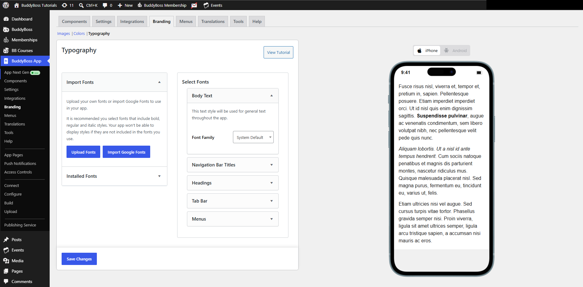 Screenshot of BuddyBoss App Typography settings showing Import Fonts and Select Fonts panels with a mobile preview on the right iPhone