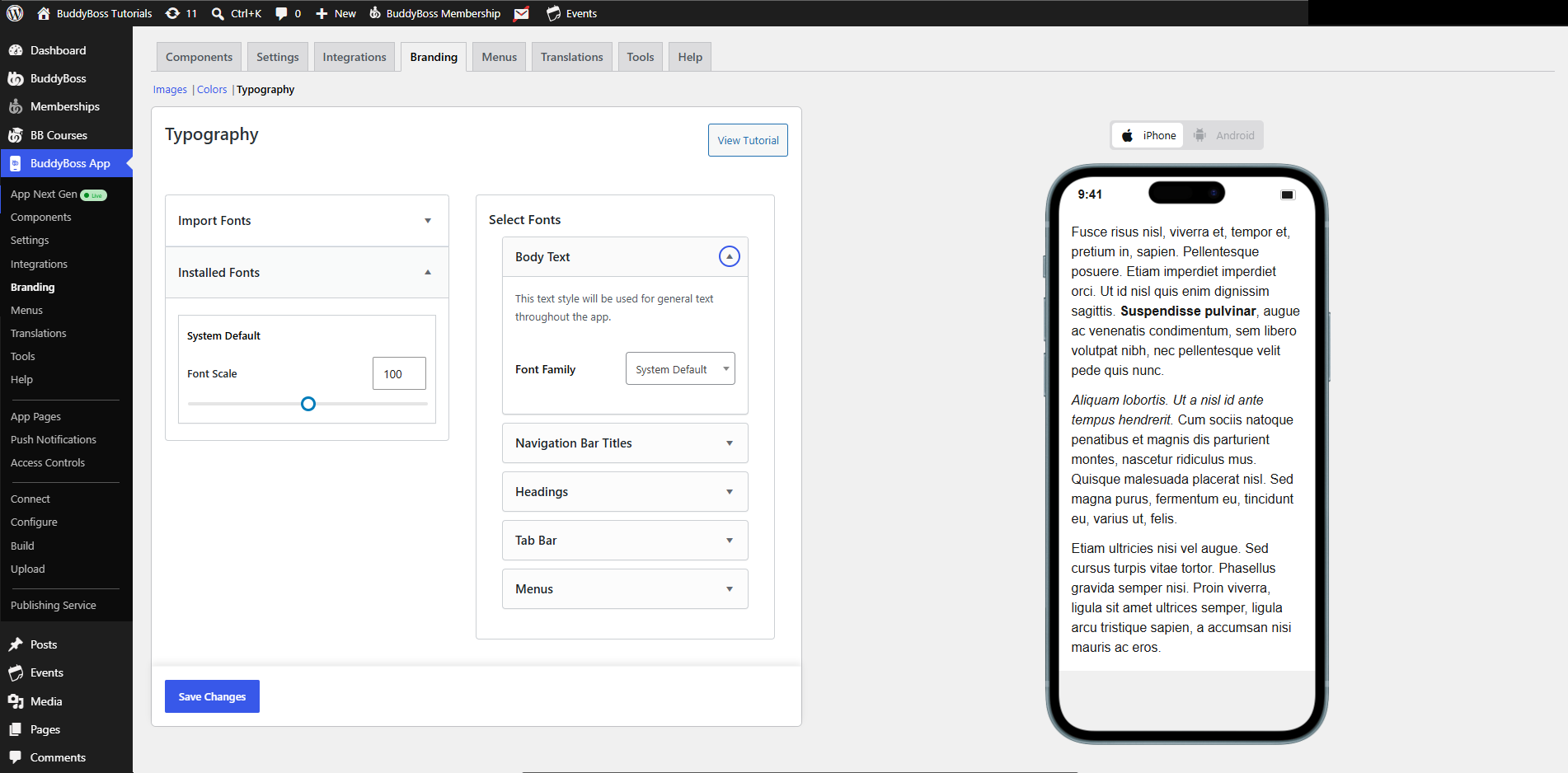 Screenshot of BuddyBoss App Branding Typography settings with Import and Installed Fonts panels and a smartphone mockup showing sample text