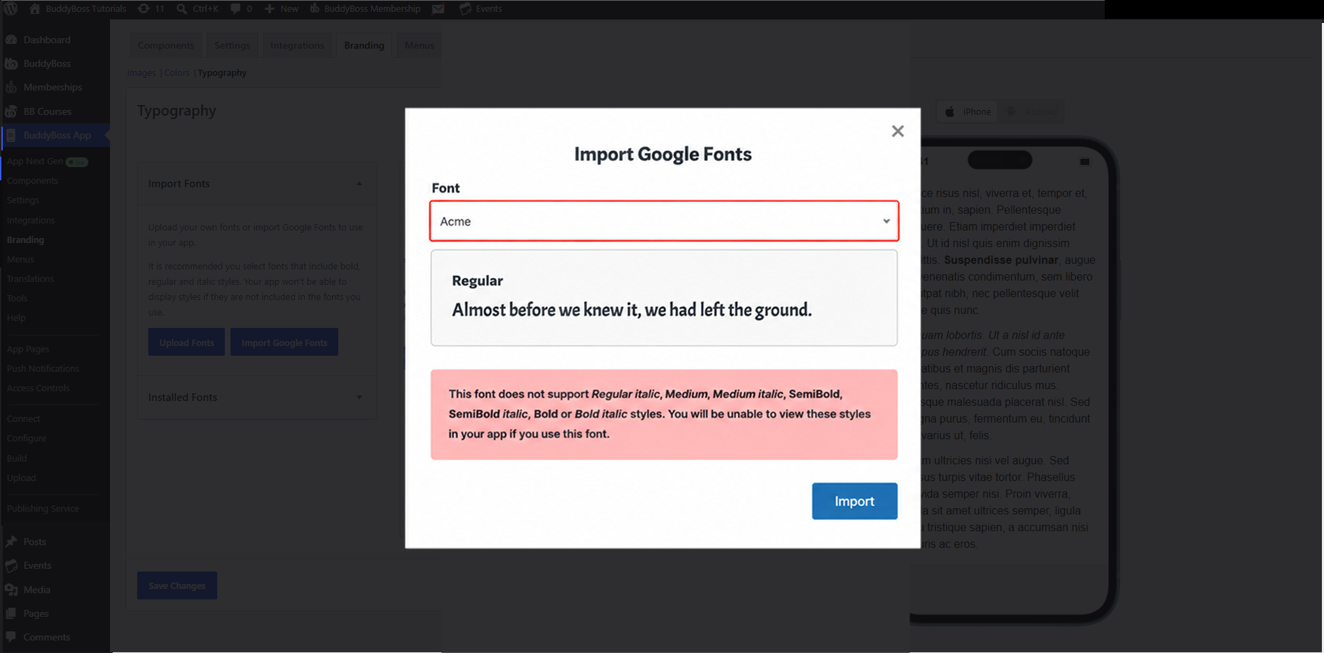 Dialog Import Google Fonts with Acme selected sample text shown pink warning about unsupported styles and Import button