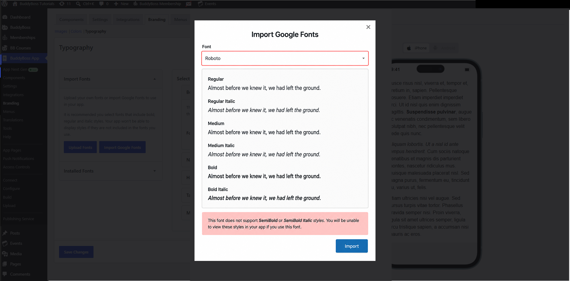 Modal dialog titled Import Google Fonts with font set to Roboto shows sample text in Regular Regular Italic Medium Medium Italic Bold Bold Italic pink warning about SemiBold SemiBold Italic Import button