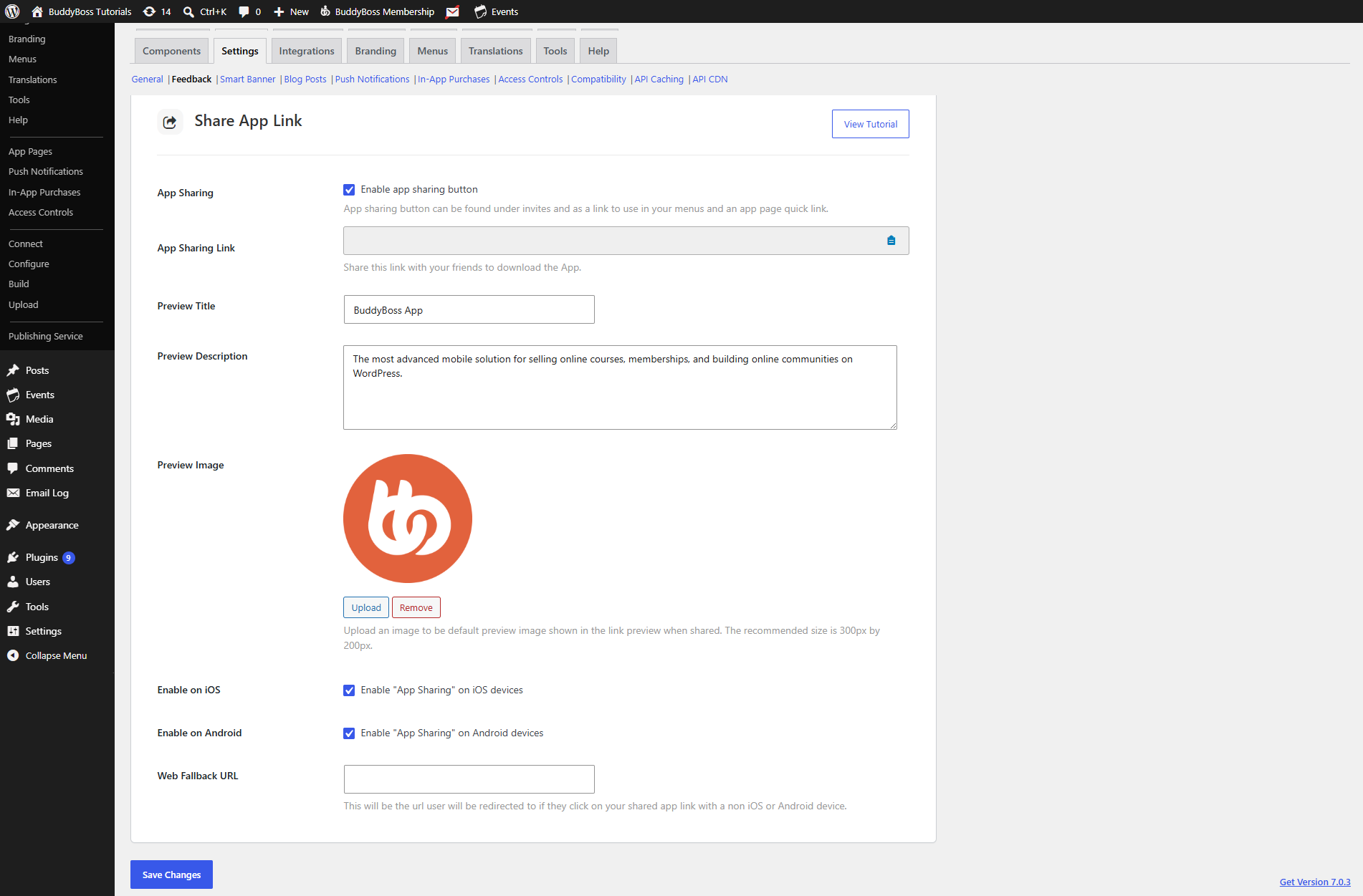 BuddyBoss App Share App Link