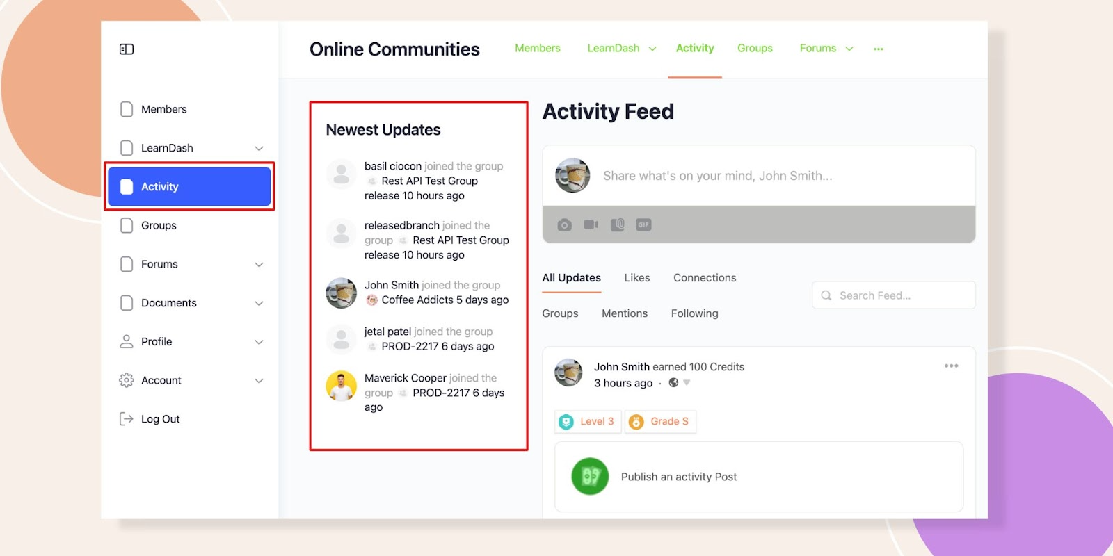 This screenshot shows how the latest activities widget will be displayed