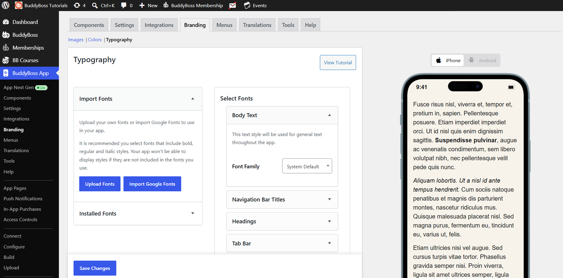 Google Fonts in BuddyBoss App 