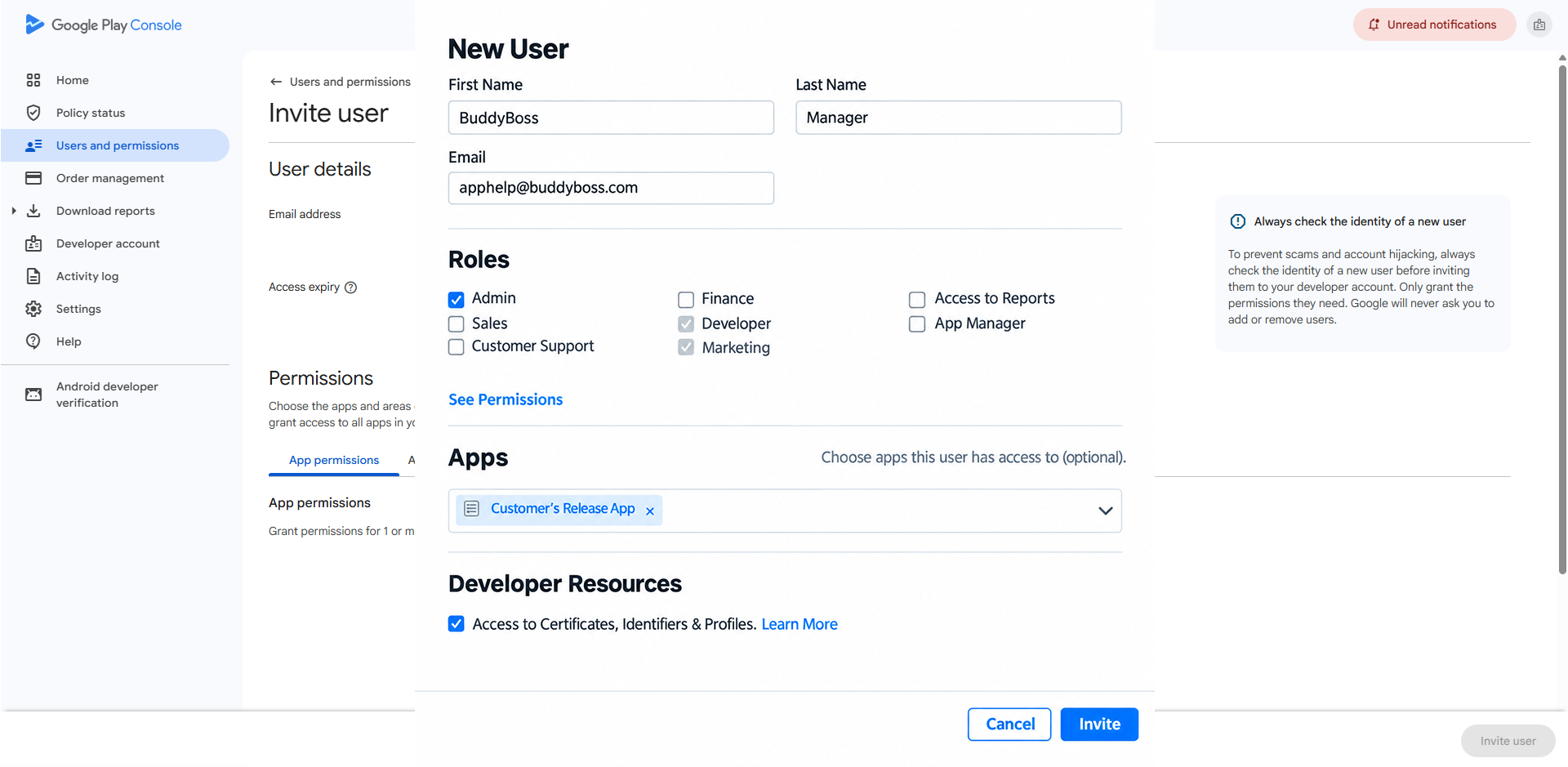 BuddyBoss as an Admin to your Apple Developer account