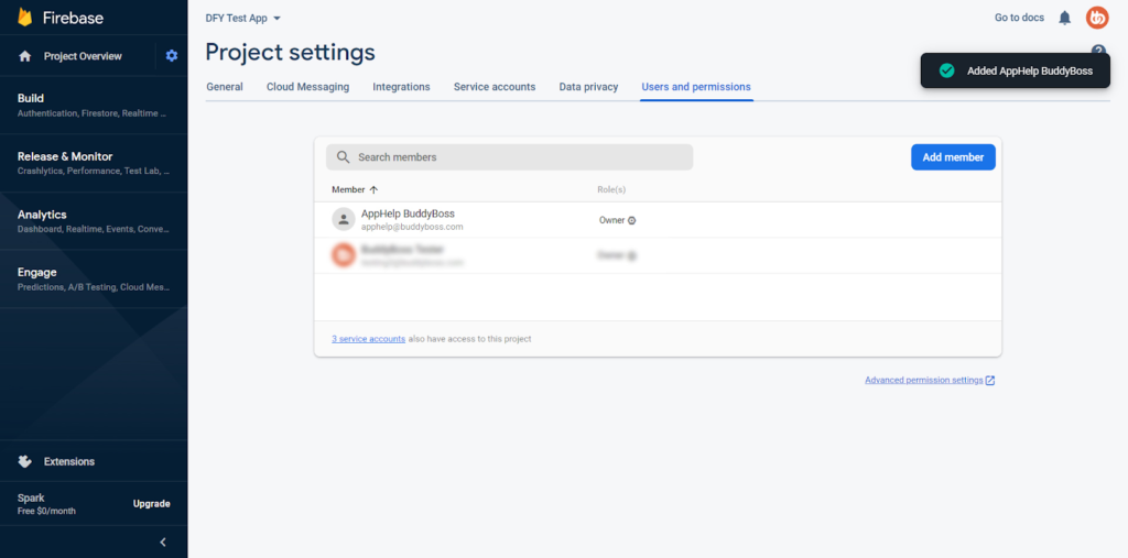 BuddyBoss as an Owner to your Firebase project