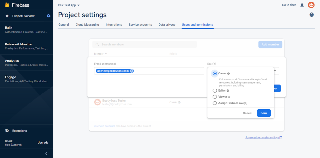 BuddyBoss as an Owner to your Firebase project