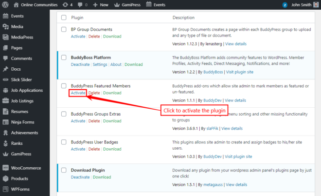 WordPress admin Plugins page showing a list of plugins the BuddyPress Featured Members row is selected with an Activate link visible