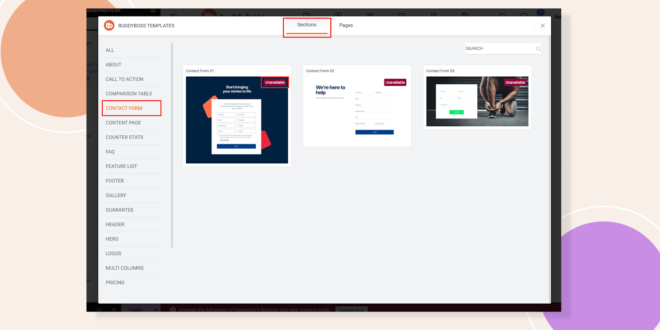UI screenshot of BuddyBoss templates panel with Sections tab selected left navigation highlights CONTACT FORM and three form thumbnails displayed two labeled Unavailable