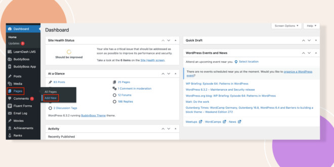 WordPress admin dashboard showing Pages menu with Add New option highlighted in the left navigation
