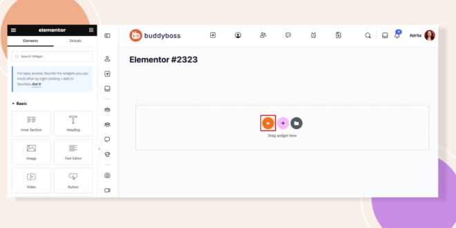 Elementor editor screen showing a page titled Elementor 3233 with a left widget panel and a dotted drop zone in the content area