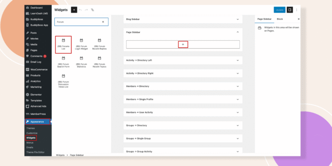 This screenshot shows where you can locate the Forum list widget