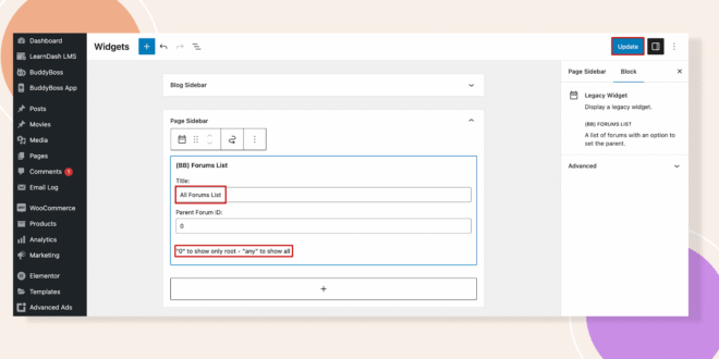 This screenshot shows where you can configure the Forums list widget