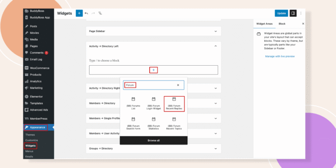 This screenshot shows how you can add the forum recent replies widget