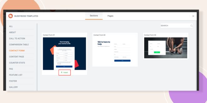 Admin dashboard screenshot showing Buddypress Templates gallery left navigation with sections three contact form previews and an Insert button under the first form