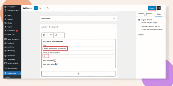 This screenshot shows how you can add the forum recent replies widget