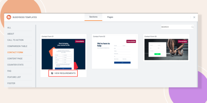 Screenshot of a BuddyBoss template library UI left vertical navigation with sections a main content area showing three template cards the first card highlighted with a red outline around a VIEW REQUIREMENTS button