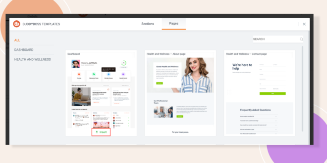 Screenshot of BuddyBoss Templates showing a Pages gallery with three template previews a left sidebar with ALL DASHBOARD HEALTH AND WELLNESS and an Insert button highlighted under the first template