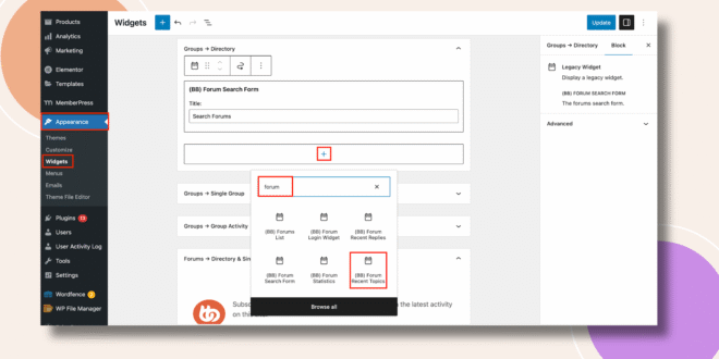 This screenshot shows where you can add the Forums Recent Topics Widget