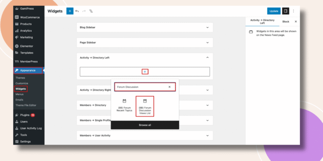 This screenshot shows where you can add the Forum Discussion View List Widget