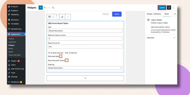 This screenshot shows where you can configure the Forums Recent Topics Widget
