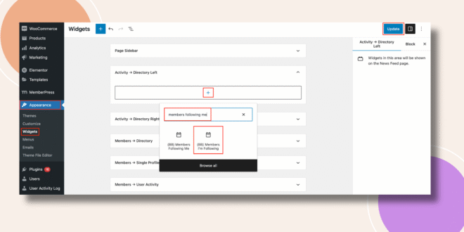 This screenshot shows how the Members Im following WIdget can be added