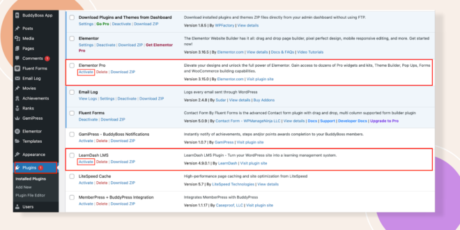 WordPress Plugins page showing installed plugins Elementor Pro and LearnDash LMS highlighted with Activate options