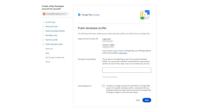 Screenshot of Google Play Console showing the Public developer profile setup with form fields for legal name countryregion and developer email address on the right