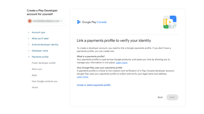 Screenshot of Google Play Console setup page showing Link a payments profile to verify your identity with left navigation menu on the side