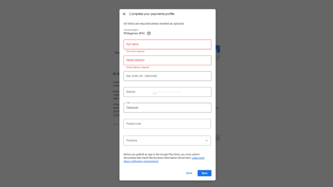 Modal dialog Complete your payments profile form requesting full name street address city Caloocan suburb postal code and province in the Philippines over a dimmed page background