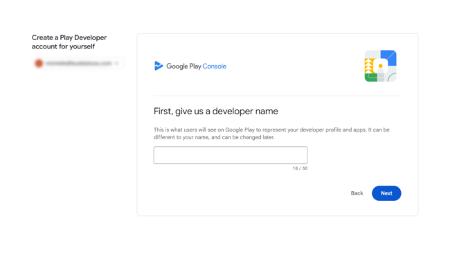 Google Play Console signup screen asking for a developer name with input field and Next button
