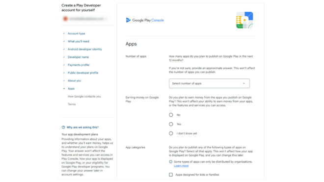 Google Play Console account creation screen with left navigation and an Apps setup form on the right asking for number of apps and earnings Checklists are visible on the left side and the Google Play Console logo appears at the top left of the form