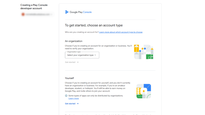 Google Play Console welcome screen choose account type Organization or Yourself with accompanying icons on the right side of the panel