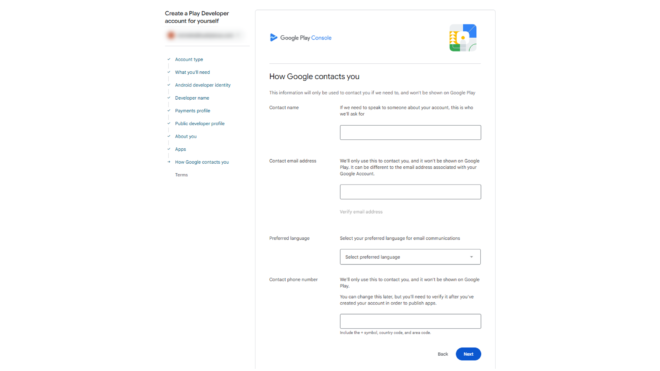 Screenshot of Google Play Console page titled How Google contacts you with form fields for name and email and a Next button