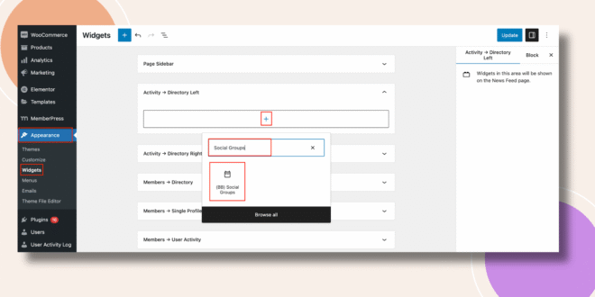 This screenshot shows how the Social Groups Widget can be added