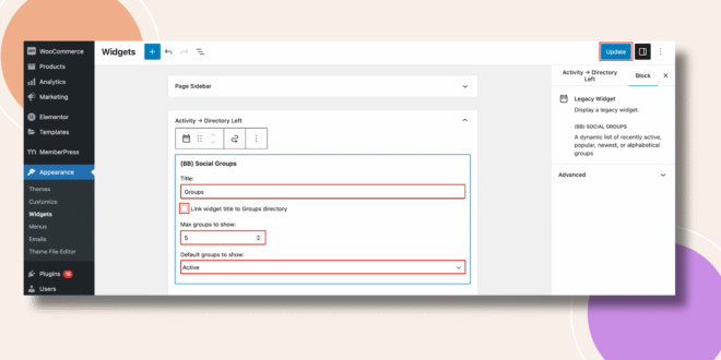 This screenshot shows how the Social Groups Widget can be configured
