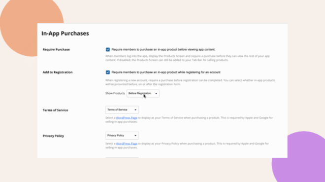 This screenshot shows where to enable the option to Require members to purchase an in app product while registering for an account