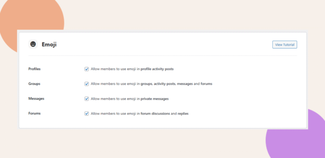 Media Settings panel showing emoji options with checkboxes for profiles groups messages and forums