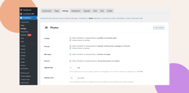 WordPress Dashboard showing BuddyBoss > Settings with the Media tab selected