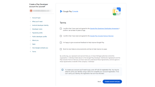 Google Play Console signup screen with left navigation of setup steps and right panel showing Terms with checkboxes to confirm agreements and a create account button