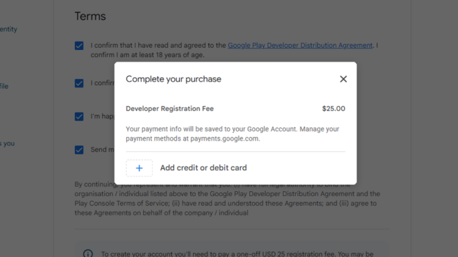 Modal Complete your purchase with Developer Registration Fee 00 and payment info note close X at top right