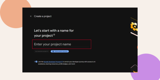 Modal titled Create a project on a dark panel with an input placeholder Enter your project name for naming the new project