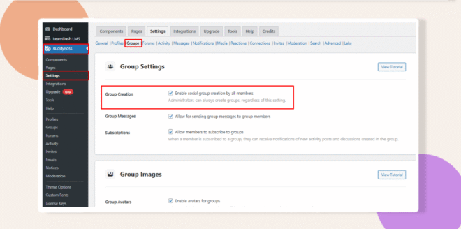 This screenshots shows where to enable the social group creation