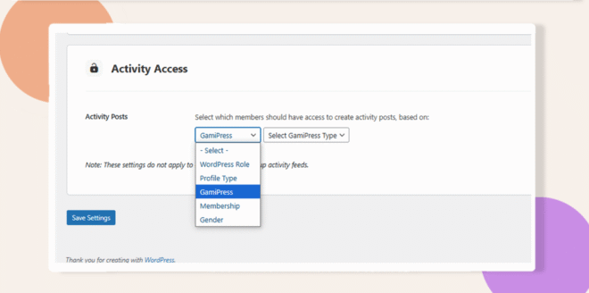 This screenshot shows where to configure the activity post control